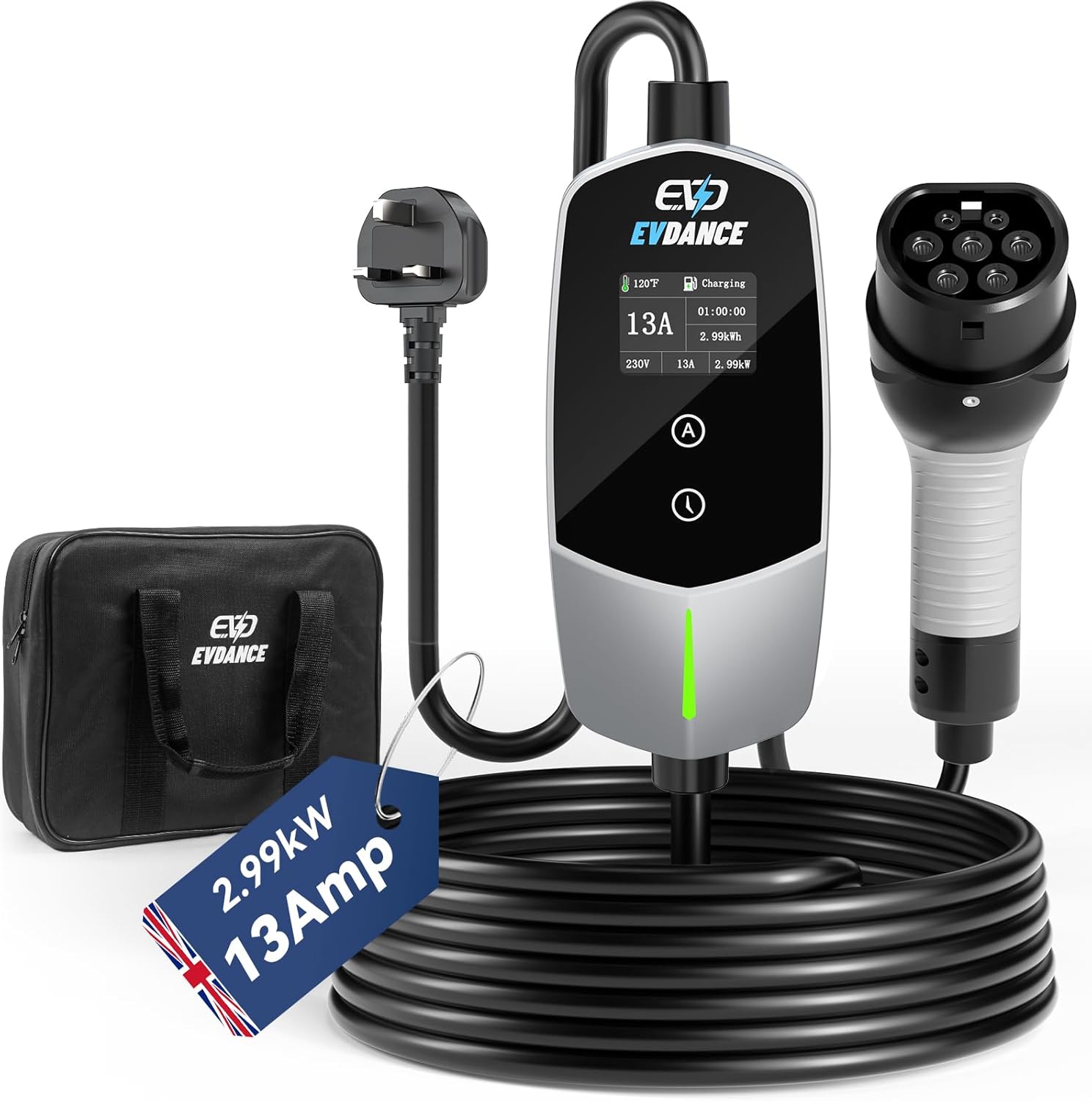 Car Accessories Uk - EVDANCE ポータブルEV充電器 タイプ2 UKプラグ 13A 2.99KW